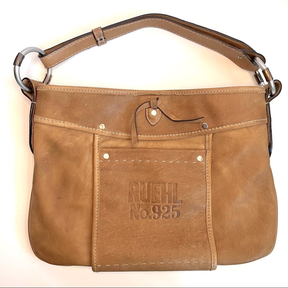 Ruehl No.925 Tan Leather Hobo Shoulder Bag with Embossed Logo